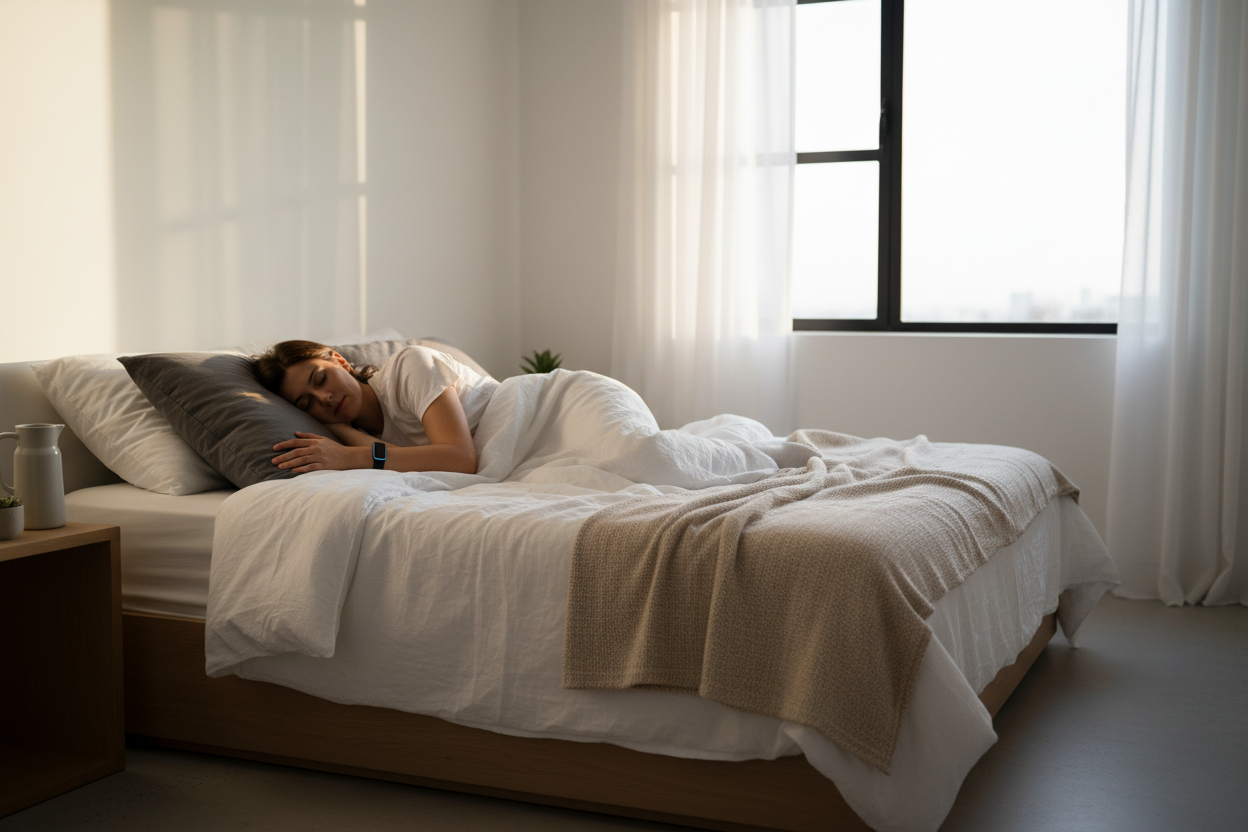 A calm modern bedroom at early sunrise with soft natural light through sheer curtains, a person sleeping peacefully on their side wearing a sleek minimalist wristband, focus on tranquility comfort and wellness, clean uncluttered space with white grey and warm beige tones, peaceful restorative mood, subtle emphasis on the wristband as a wearable wellness device, cinematic photorealistic lifestyle photography, shallow depth 16:9 ratio