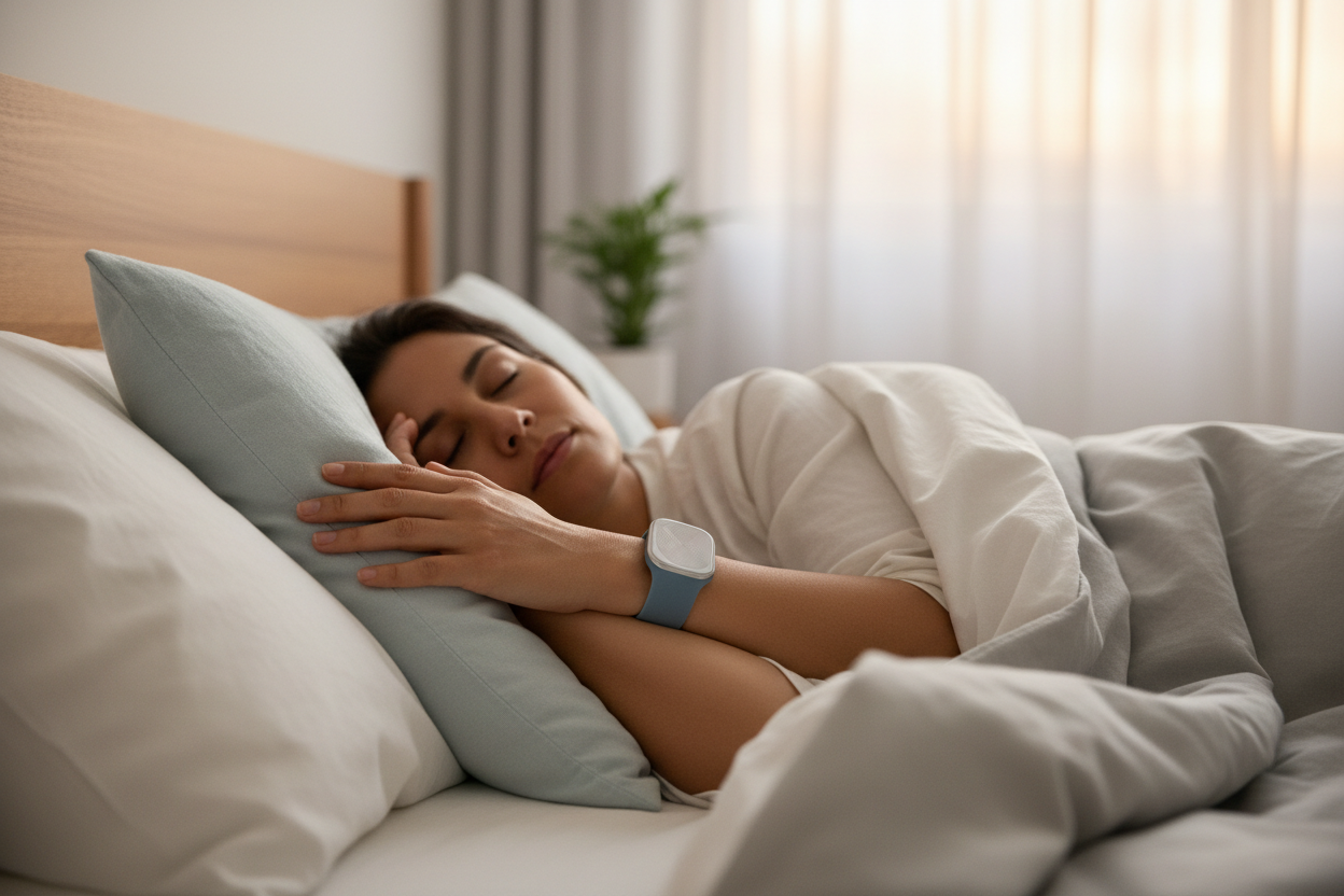 Can you generate an image for my image and text section. the text is about Engineered for Deep Sleepers & Deaf Users. SilentWake™ isn’t a repurposed smartwatch or noisy bedside gadget.
It’s purpose-built for people who rely on reliable vibration, not sound.
Every detail focuses on a clear, personal wake-up alert you can trust — whether you sleep deeply or have hearing challenges