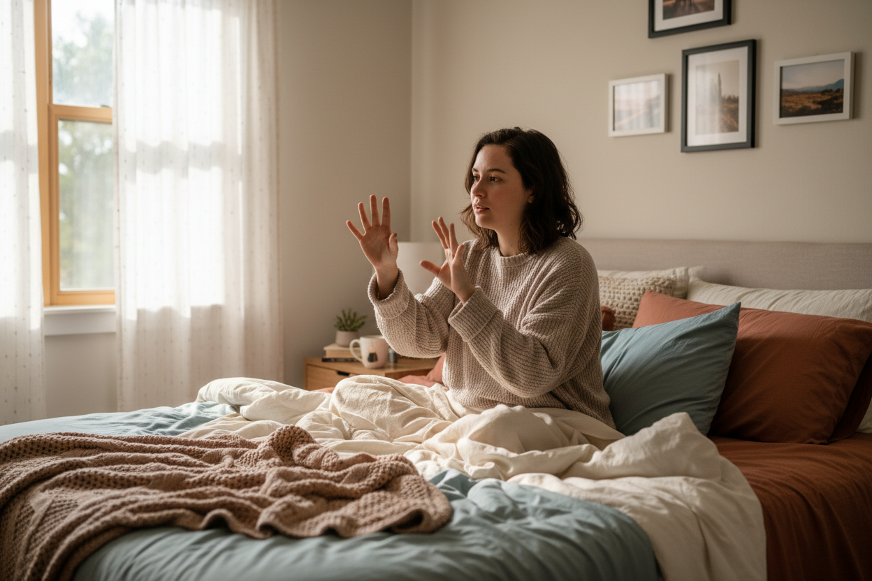 generate image of someone deaf using sign language and in bed